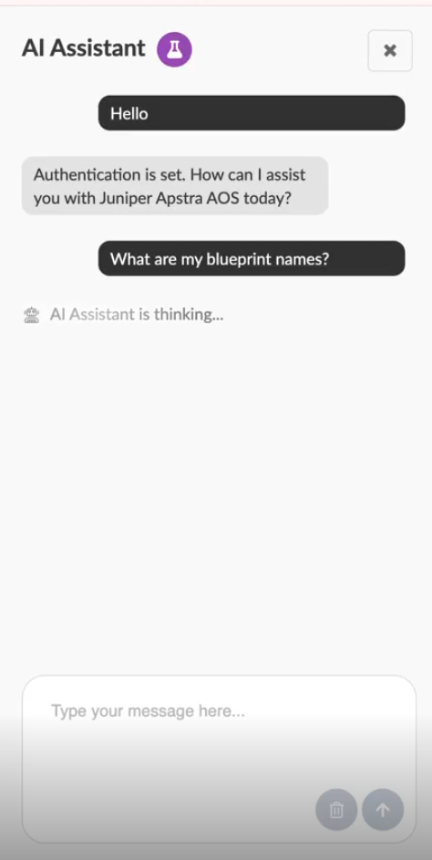 Chat interface with AI Assistant showing a conversation. User greets, AI confirms authentication and offers help with Juniper Apstra AOS. User requests blueprint names. AI is processing. Input field with delete and send options visible.
