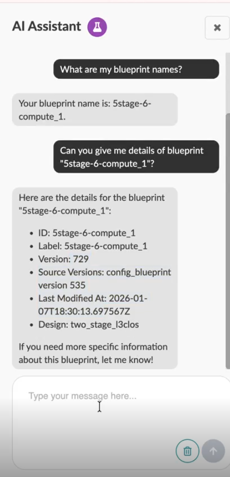 Conversation with AI assistant showing blueprint details including ID 5stage-6-compute_1, version 729, source version config_blueprint version 535, last modified date 2026-01-07, and design two_stage_l3clos.