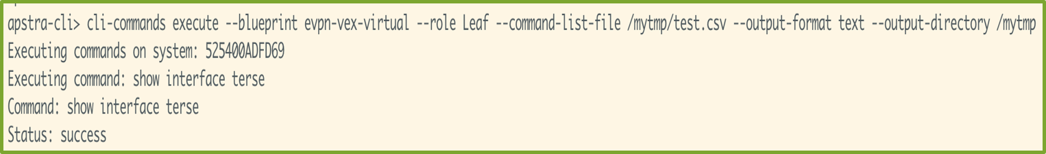 Command-line interface displaying execution of apstra-cli command with parameters for blueprint evpn-virtual, role Leaf, and output saved in text format to /mytmp. Command execution status is success.