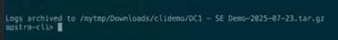 Terminal showing logs archived to /mytmp/Downloads/clidemo/DC1 - SE Demo-2025-07-23.tar.gz