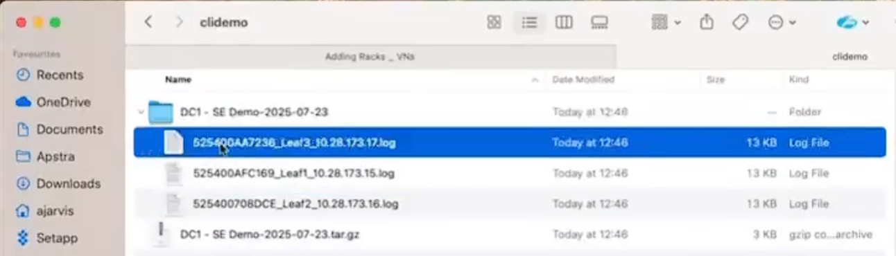 File explorer showing the clidemo folder on macOS. Highlighted file: 525400AA7238_Leaf3_10.28.173.17.log, 13 KB. Folder contains log files, a subfolder, and a compressed archive. Sorted by Date Modified. Sidebar shows locations like Recents and Documents.