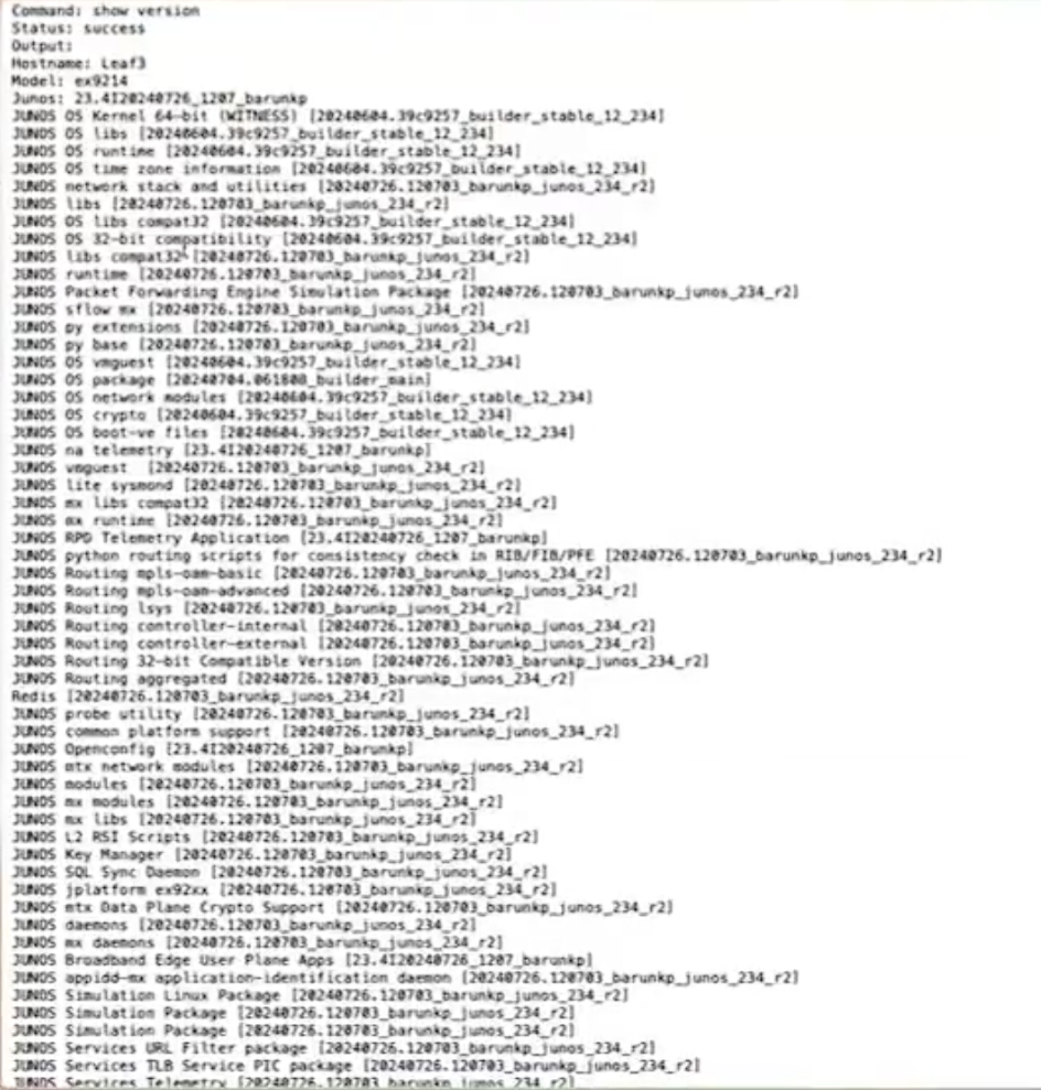 CLI output showing system info for a Juniper device: hostname leaf, model ex1214, JUNOS OS software versions, including kernel, libraries, routing, and telemetry components.