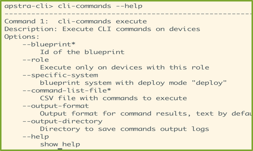 Command-line interface help menu for the cli-commands execute command in apstra-cli tool. Lists options including blueprint ID, role, specific system, command list file, output format, output directory, and help.