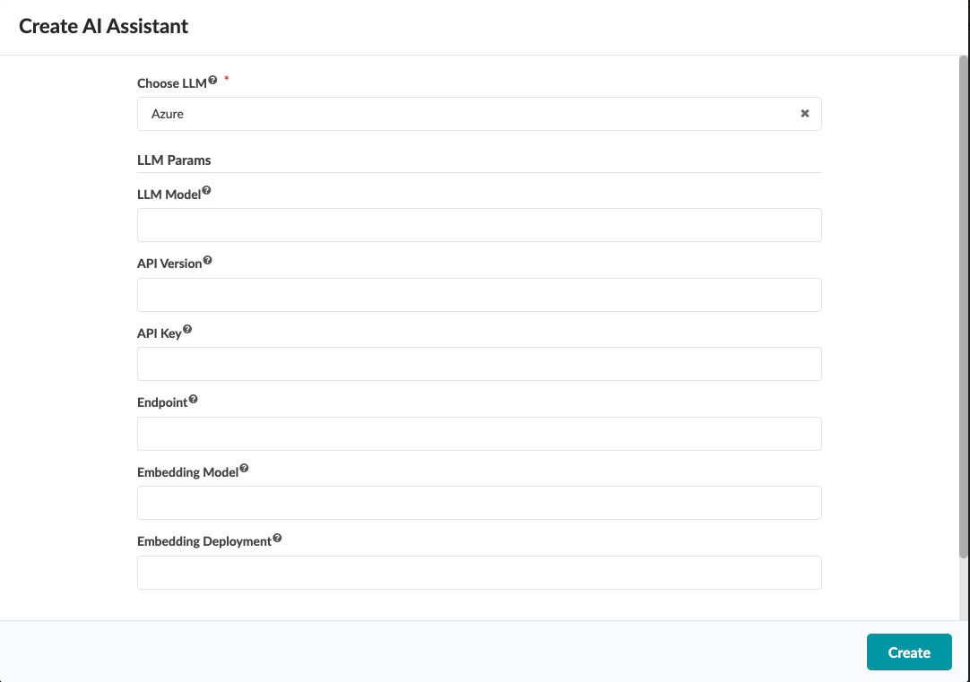 Create AI Assistant form with fields for configuring an AI assistant using Azure, including LLM model, API version, API key, endpoint, embedding model, and embedding deployment, and a Create button.