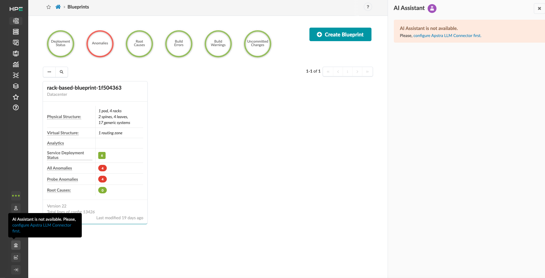 Dashboard interface for data center management showing blueprint details, deployment status, anomalies, root causes, build errors, warnings, uncommitted changes, and AI Assistant configuration notification.