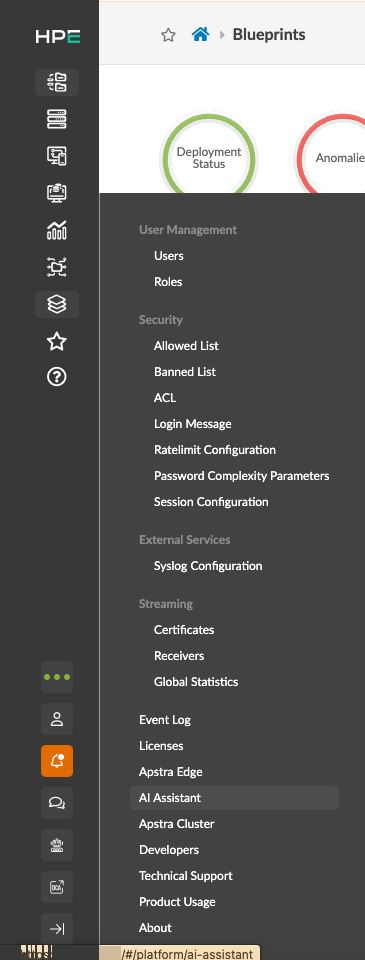Software UI showing a navigation menu with icons for dashboards, user management, security, external services, and streaming. AI Assistant is highlighted. Main area displays options like Users, Roles, Allowed List, Banned List, Certificates, and AI Assistant under categories.