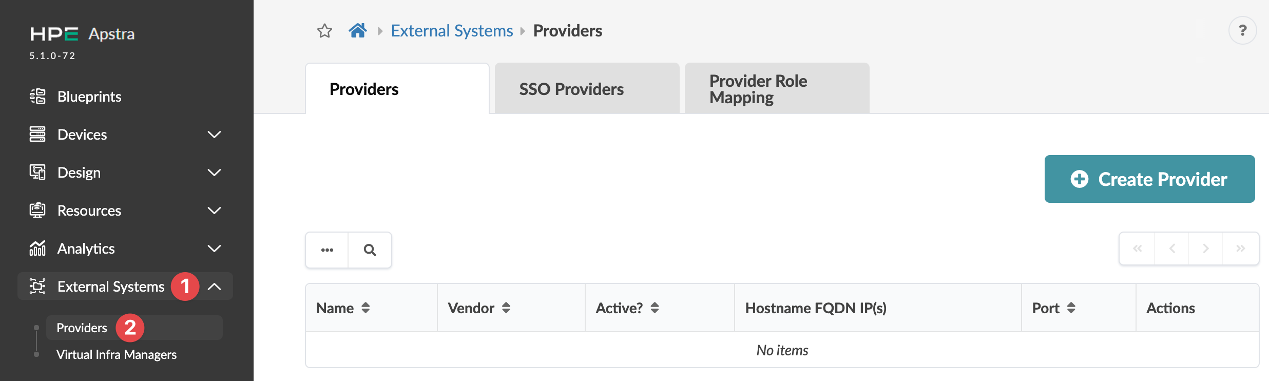 HPE Apstra platform interface version 5.1.0-72 showing External Systems section on Providers tab with Create Provider button and empty table.
