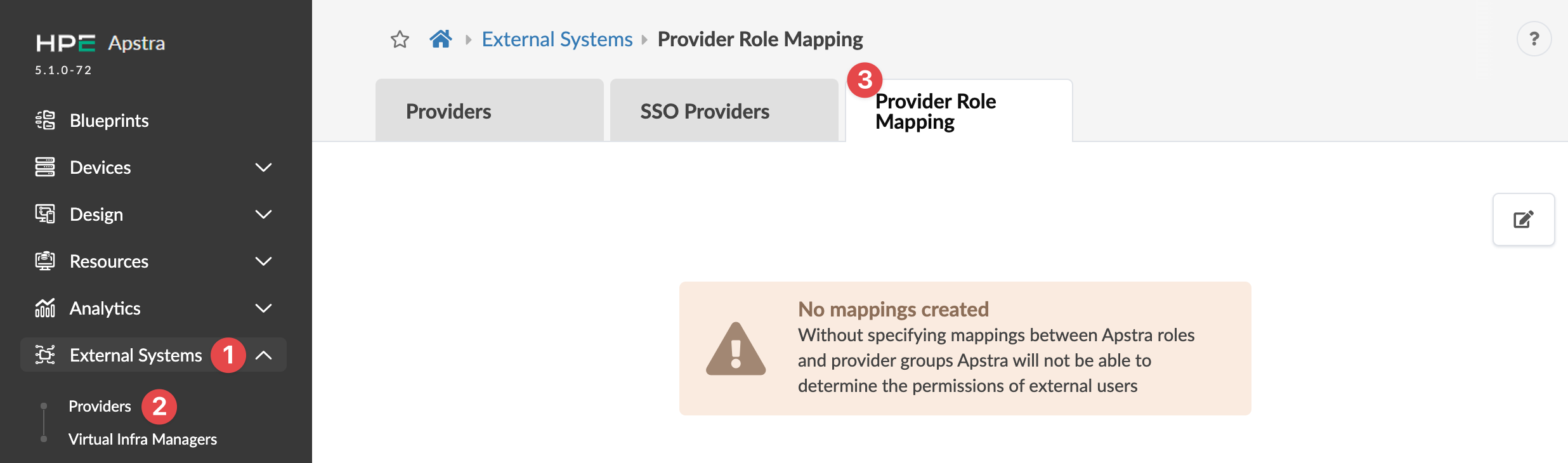 Screenshot of the HPE Apstra interface showing the Provider Role Mapping tab under External Systems with a warning message stating no mappings created, edit icon visible.
