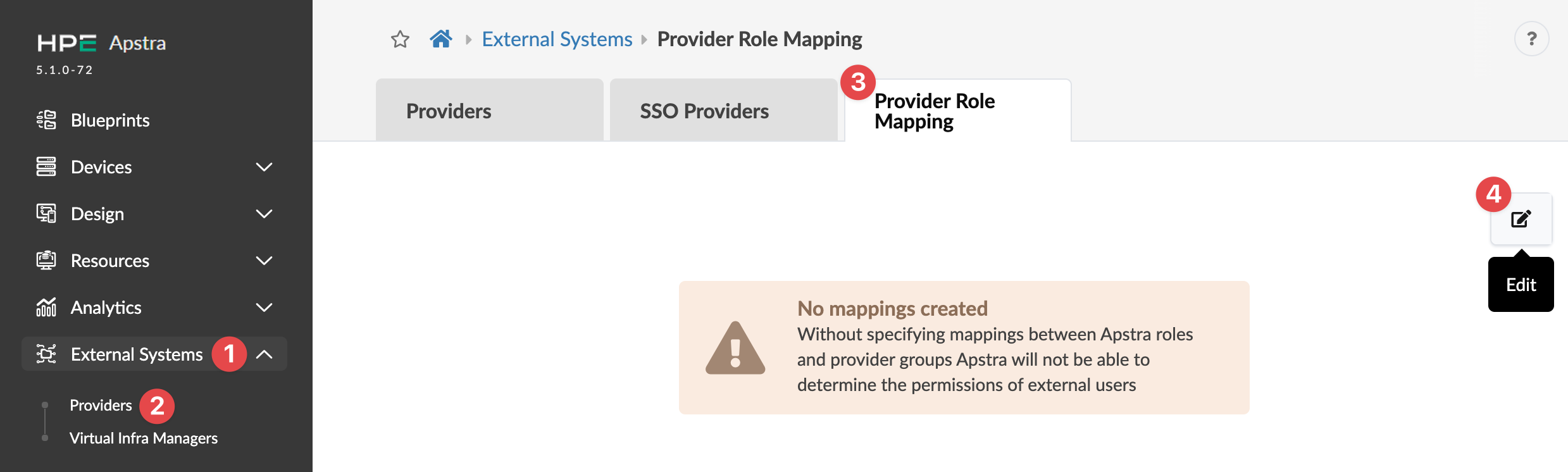Juniper Apstra interface showing Provider Role Mapping in External Systems with warning: No mappings created. Edit button present.