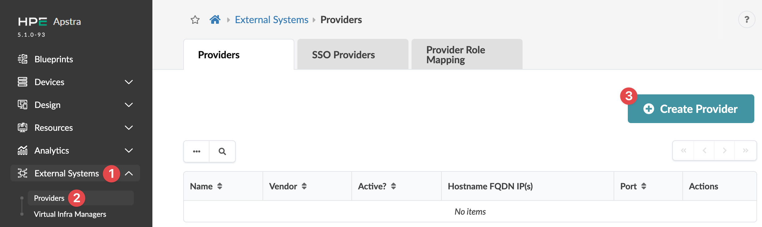 Juniper Apstra UI showing External Systems section with Providers tab selected and Create Provider button visible. No providers listed.