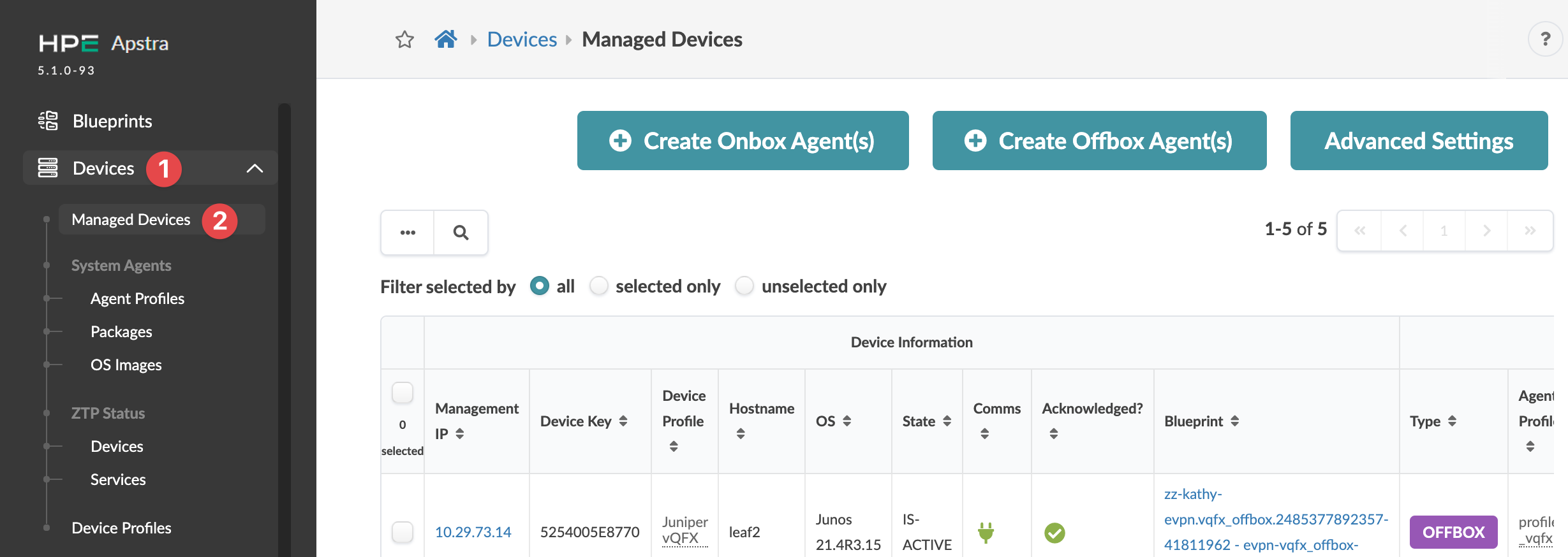 HPE Apstra interface showing the Managed Devices section under Devices menu, listing device details including Management IP, Device Key, Device Profile, Hostname, OS version, State, Communication status, Acknowledged status, Blueprint, Type, and Agent Profile. Options for creating Onbox or Offbox agents and advanced settings are visible along with navigation to sections like Blueprints, System Agents, ZTP Status, and Device Profiles.