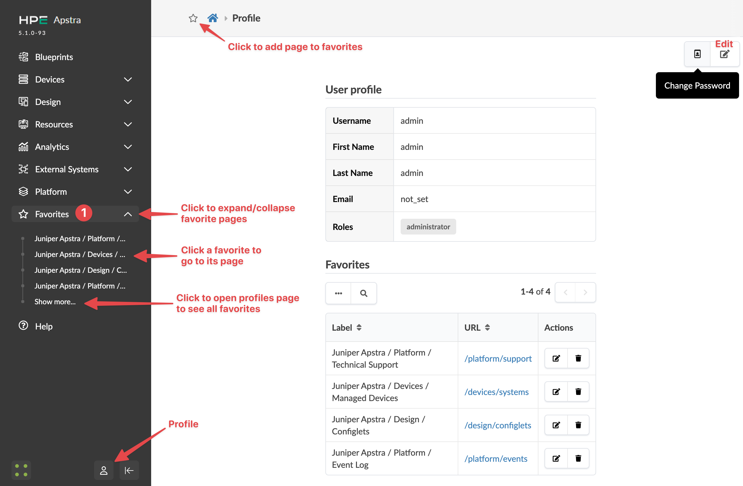 Juniper Apstra user interface screenshot showing Profile page with user details and favorite pages management options.