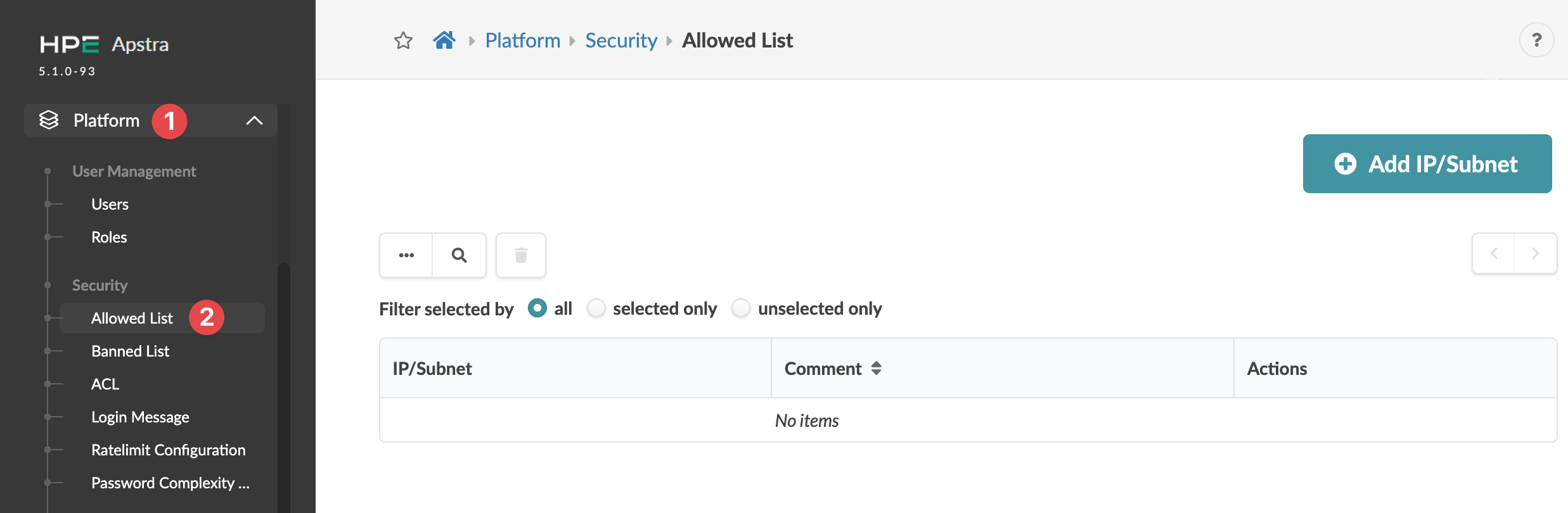 Allowed List section in HPE Apstra 5.1.0-93 showing options to manage IPs or subnets, add entries with a teal button, and filter by selection. Currently empty.