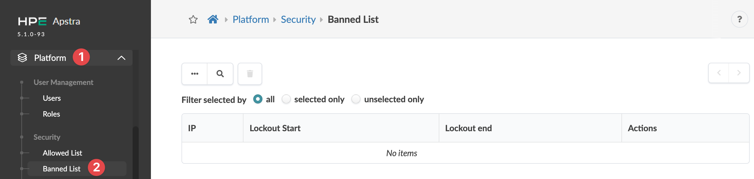 Juniper Apstra platform interface showing the empty Banned List under Security with columns for IP, Lockout Start, End, and Actions.