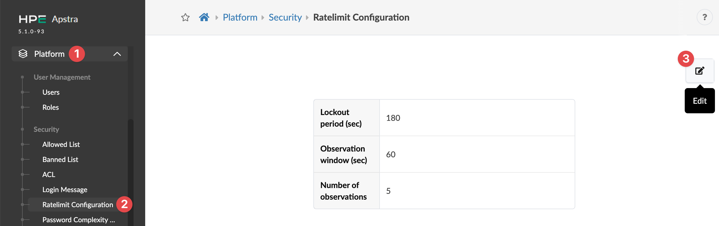 Juniper Apstra UI showing Ratelimit Configuration with Lockout period 180 sec, Observation window 60 sec, and 5 observations.