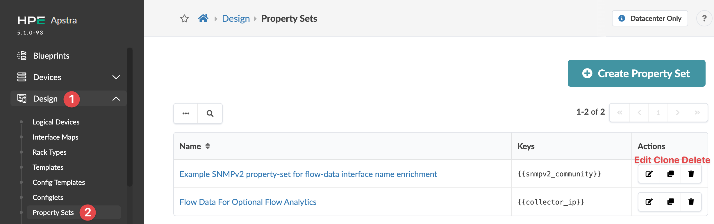 Juniper Apstra Property Sets section with Create Property Set button, two property sets listed, and actions for Edit, Clone, and Delete.