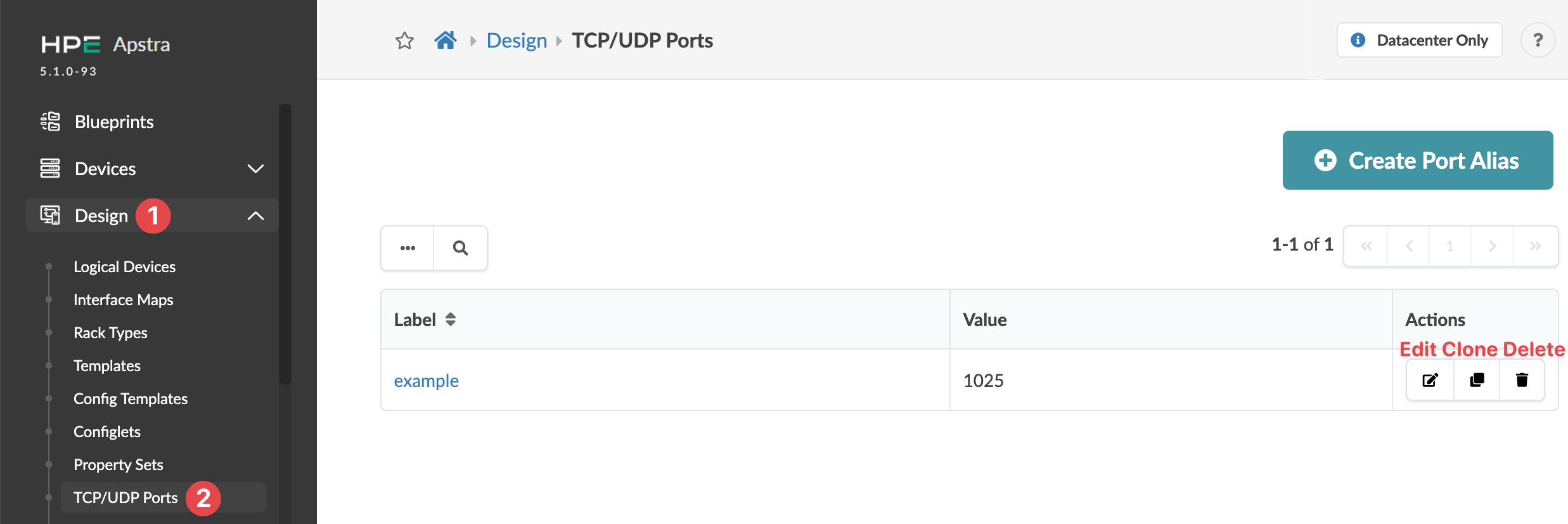 HPE Apstra interface showing the Design menu expanded with the TCP/UDP Ports section. A table displays one port alias entry labeled example, value 1025, and actions Edit, Clone, Delete. A Create Port Alias button is in the top-right corner.