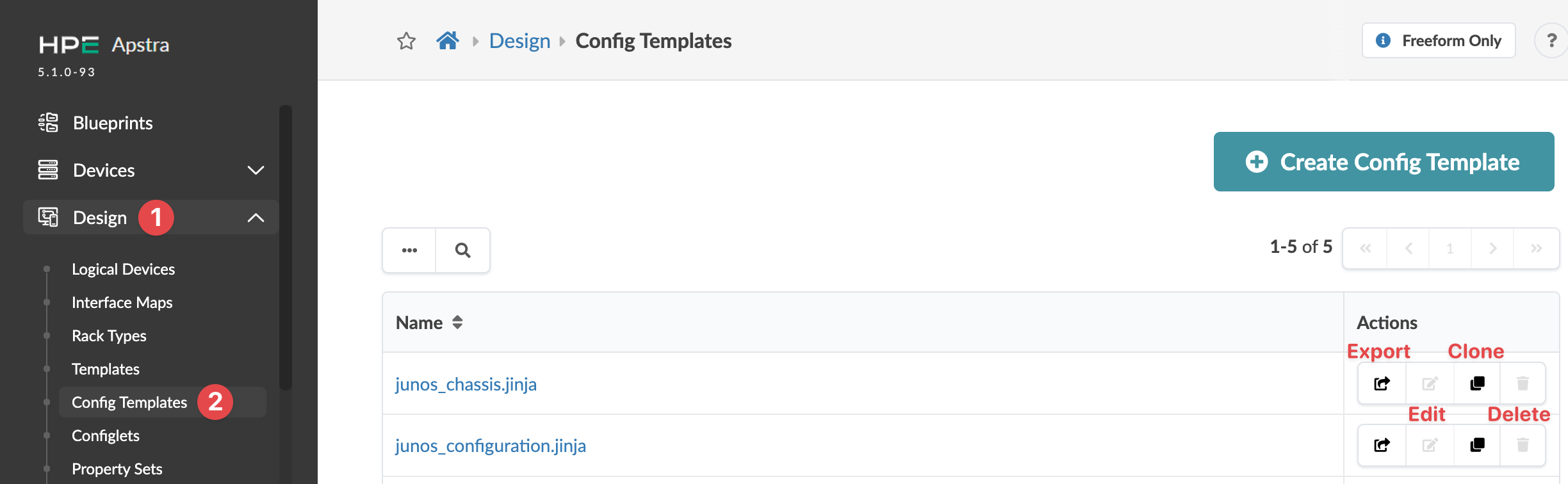 HPE Apstra interface showing Config Templates section with list of templates, actions like Export, Clone, Edit, Delete, and button to Create Config Template.