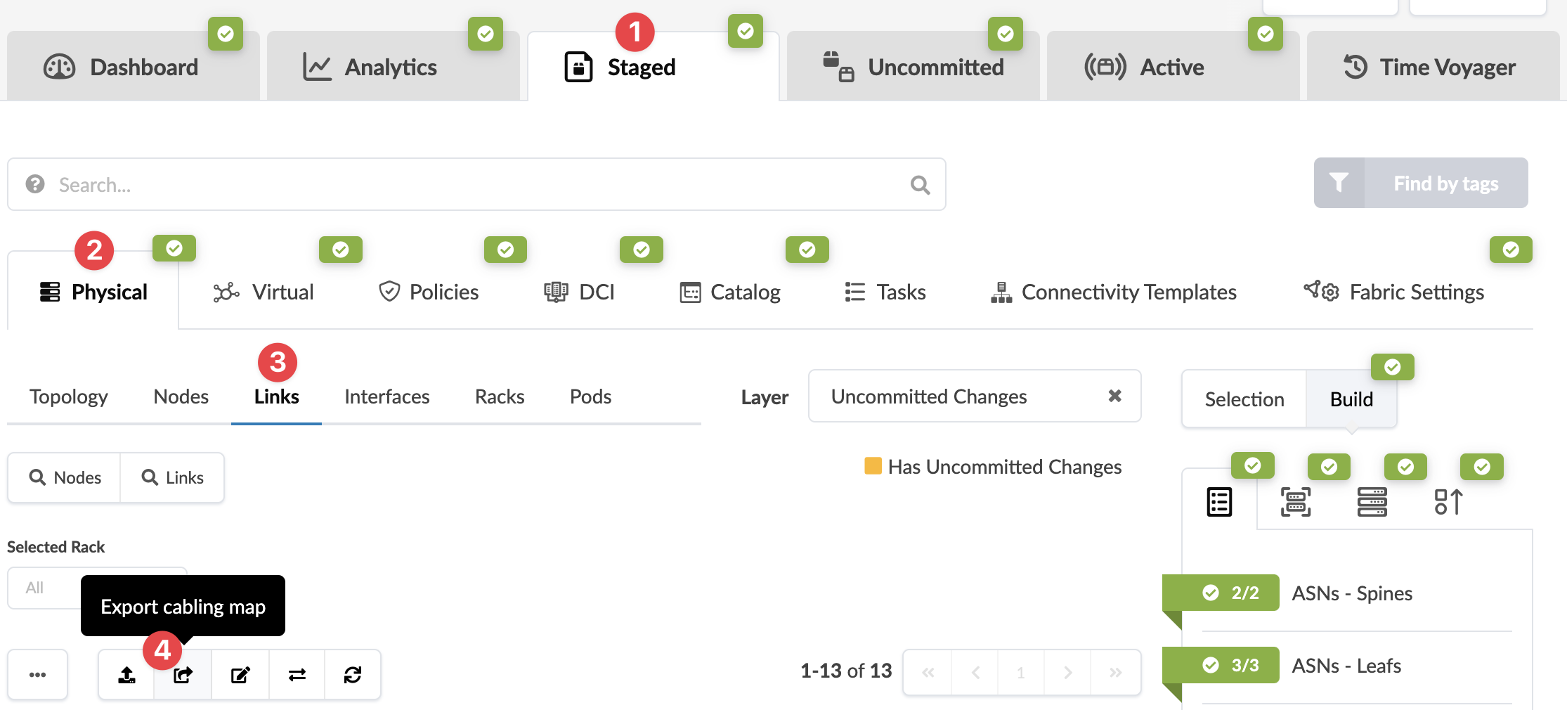 Network management interface with tabs for Dashboard, Analytics, and Time Voyager. Physical and Virtual navigation options. Export cabling map button highlighted. Uncommitted Changes layer selected. ASN details for Spines and Leafs displayed.