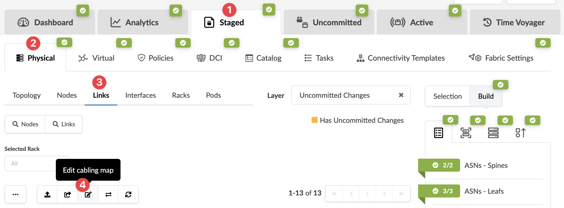 Network management interface with tabs like Dashboard and Analytics, navigation for Physical and Virtual, and options for managing nodes and links.