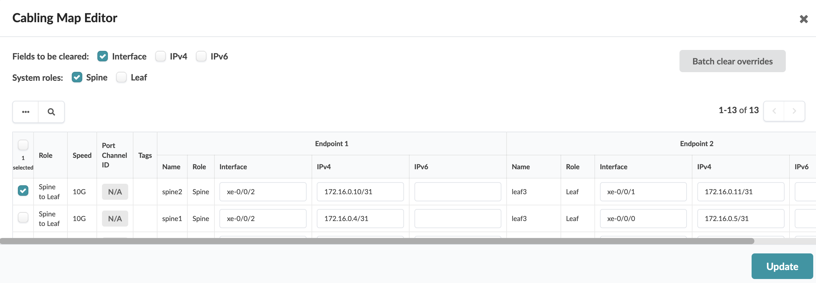 Cabling Map Editor interface showing network connections between Spine and Leaf systems with options to filter roles, clear fields, and update configuration.