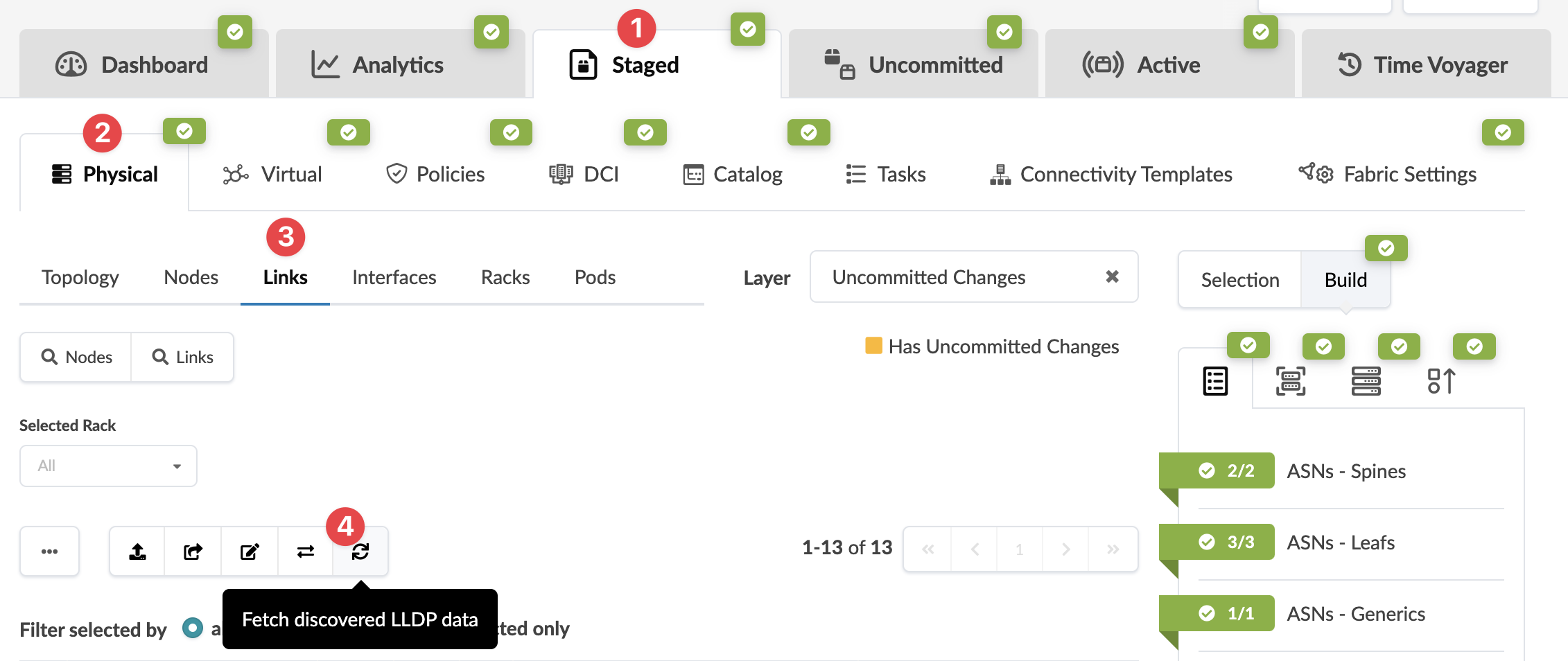 Network management tool interface showing tabs for Dashboard, Analytics, Staged, Uncommitted, Active, and Time Voyager. Navigation menu includes Physical, Virtual, Policies, DCI, Catalog, Tasks, Connectivity Templates, and Fabric Settings. Physical submenu displays Topology, Nodes, Links, Interfaces, Racks, and Pods. Links tab is selected with Layer filter set to Uncommitted Changes. Action buttons for uploading, editing, and fetching data are visible. Tree view shows network components like ASNs - Spines, Leafs, and Generics with green checkmarks indicating their status.