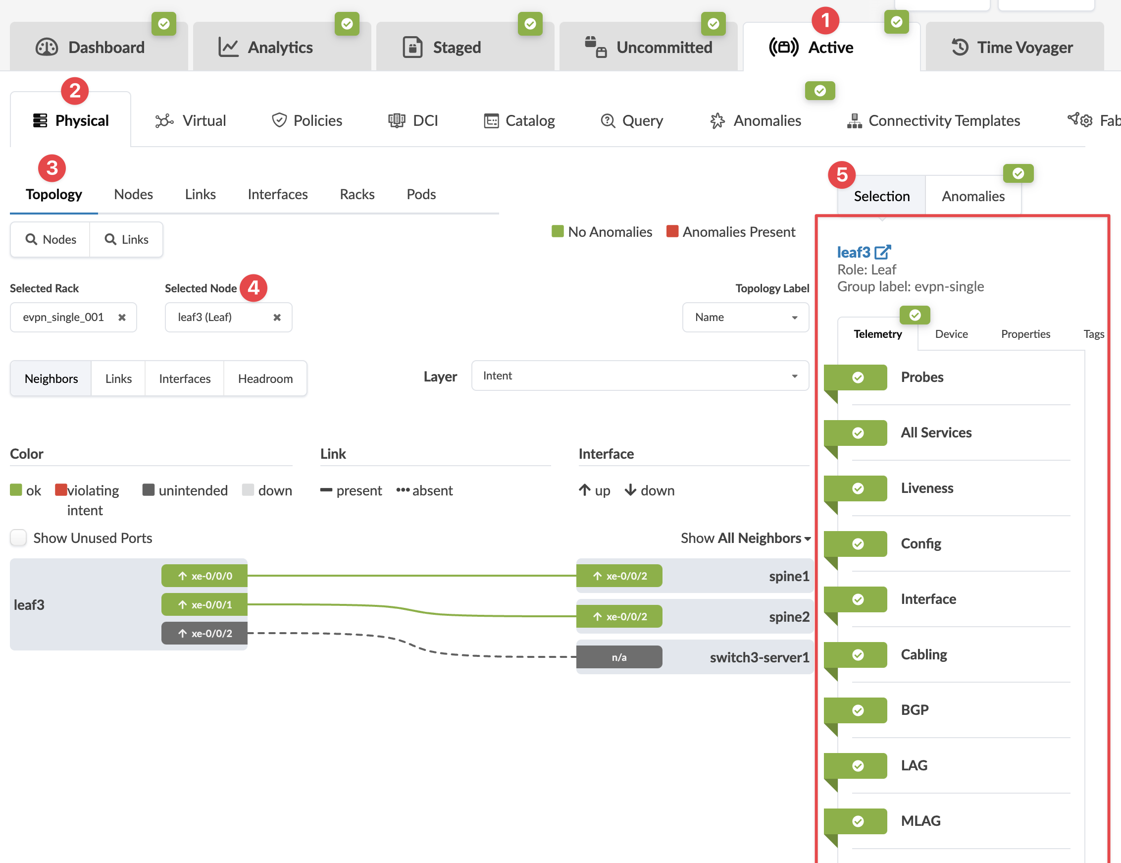 Network management interface showing physical topology with nodes, links, and status. Selected node leaf3 in rack evpn_single_001 is fully operational.
