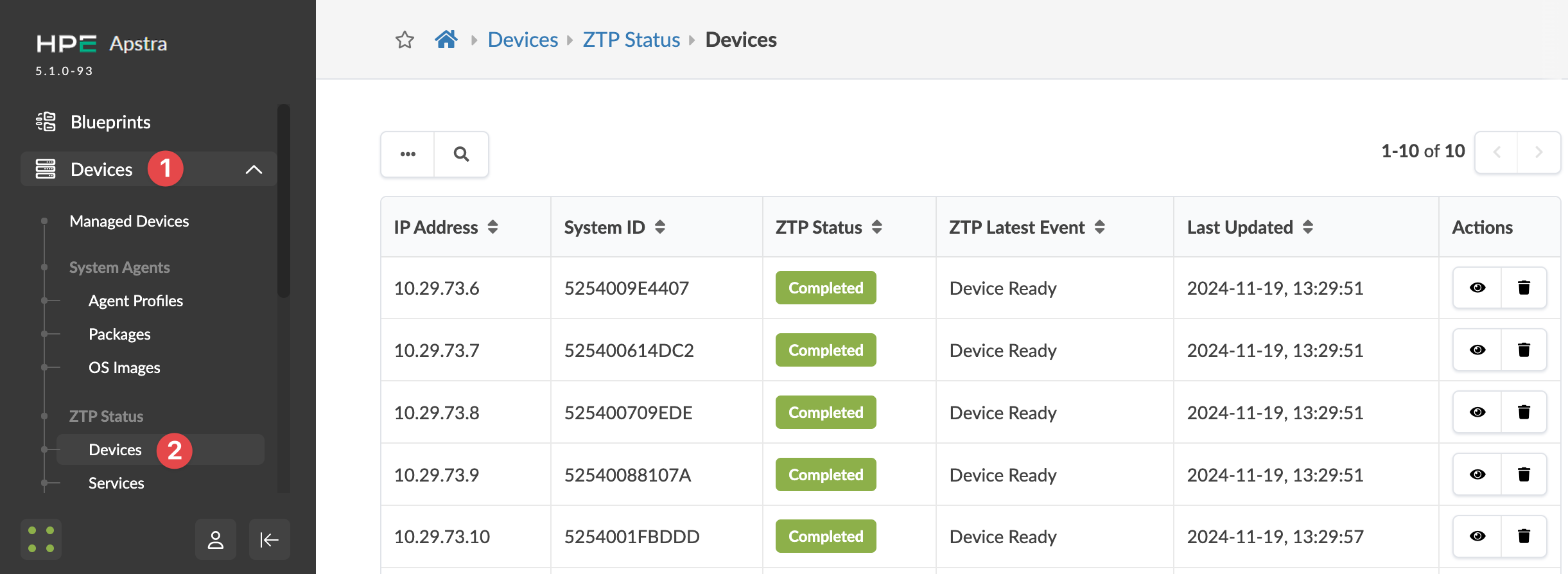 HPE Apstra interface showing the Devices section under ZTP Status with a table listing IP addresses, system IDs, provisioning statuses, latest events as Device Ready, last update timestamps, and action options. Navigation menu includes Blueprints, Devices, Managed Devices, System Agents, and ZTP Status.