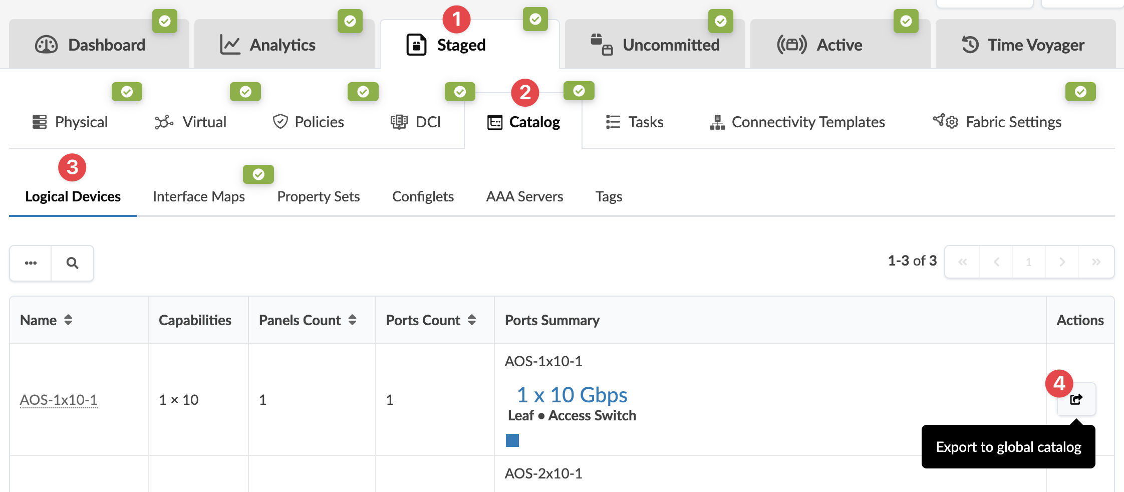 User interface screenshot for network management tool with tabs like Dashboard and Analytics. Highlights Logical Devices in Catalog subcategory, listing device AOS-1x10-1 as Leaf Access Switch with export option to global catalog.