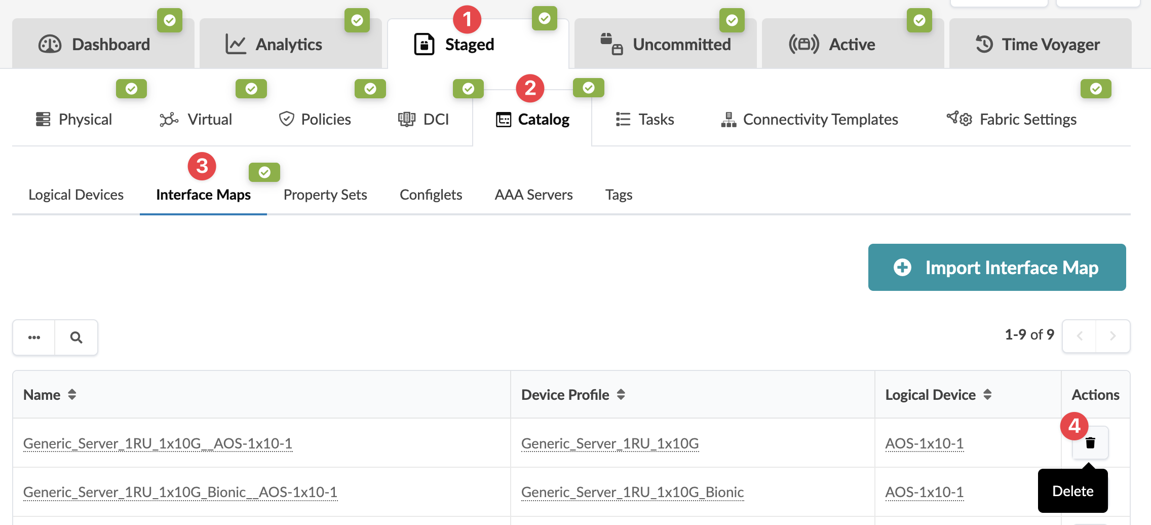 Software interface showing network management features with tabs like Dashboard, Analytics, Staged, and more. Catalog section highlights Interface Maps tab with options for managing Logical Devices and Configlets. Table lists interface maps with Name, Device Profile, and Actions columns.