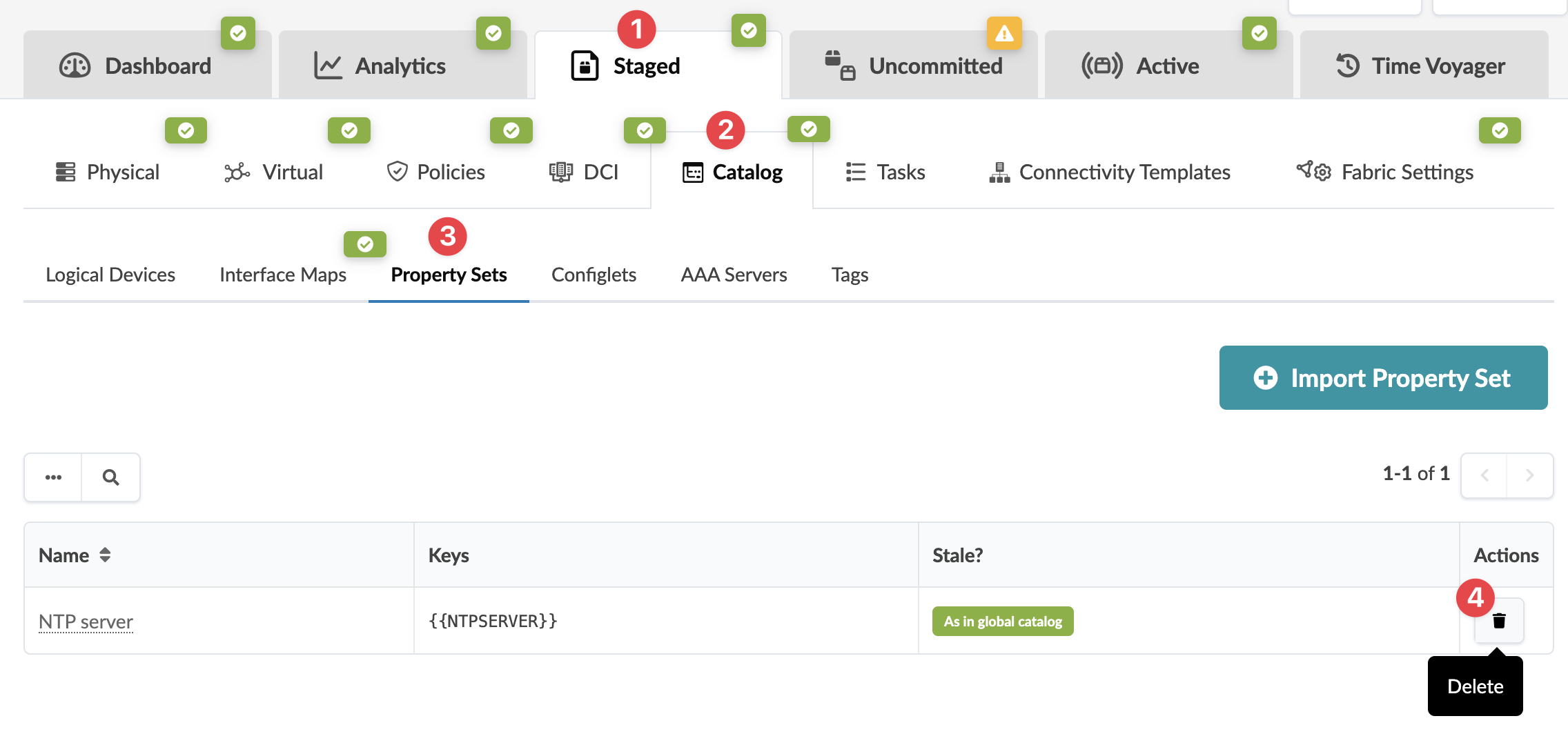 Screenshot of a network management tool showing configuration tabs, a selected "Property Sets" tab, and a table listing an "NTP server" property set with a trash icon for deletion.