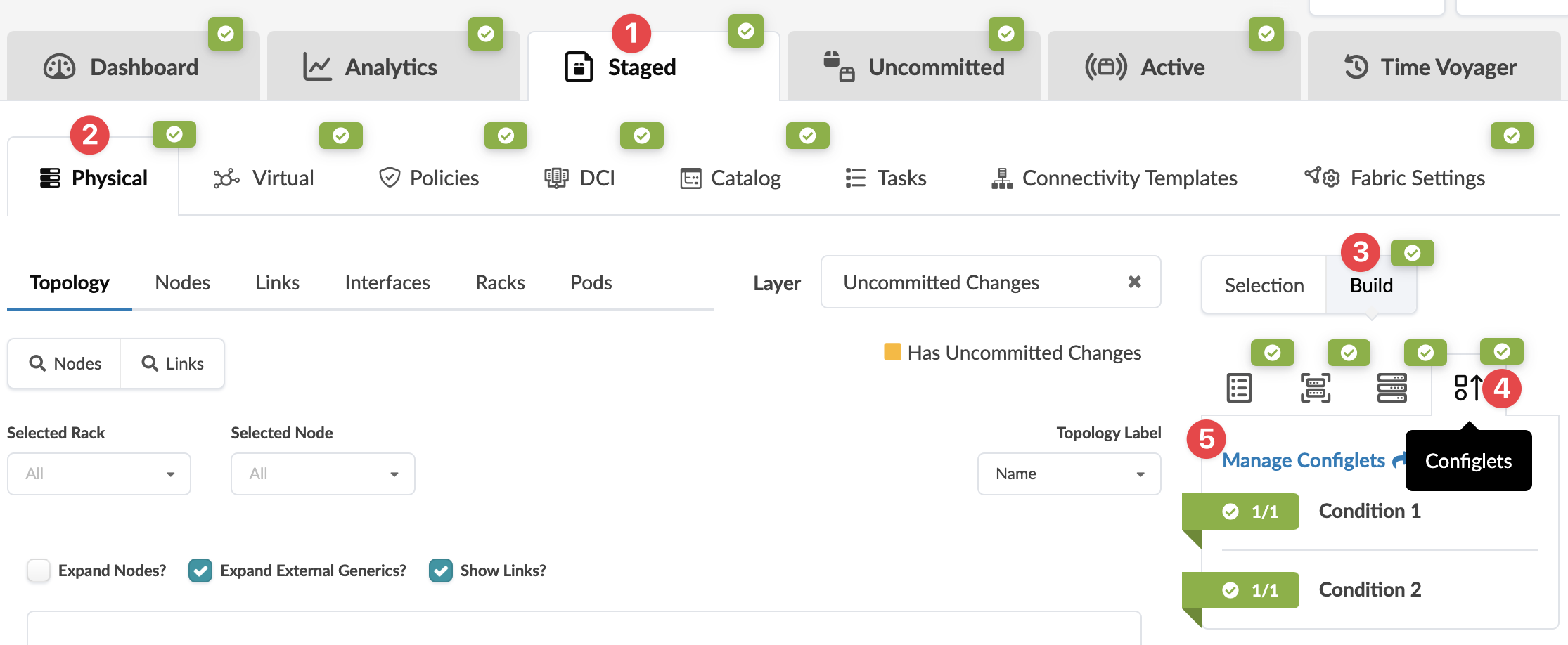 Screenshot of a network management interface showing tabs like Dashboard, Analytics, Staged, and sections for managing nodes, links, interfaces, racks, pods, and configurations with status indicators.