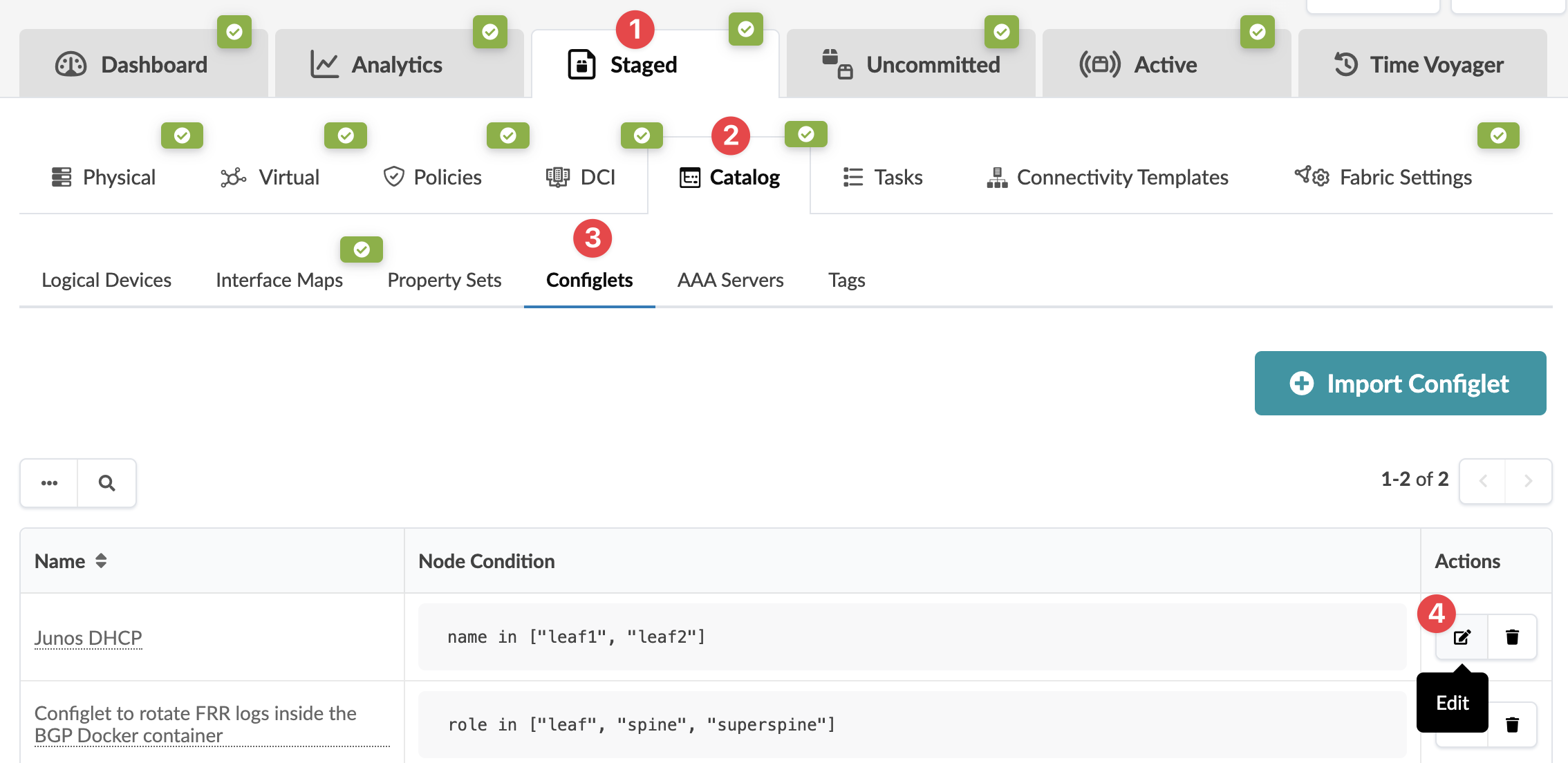 User interface of a network management tool showing tabs like Dashboard, Analytics, and Time Voyager, with Configlets selected. A table lists configlets with columns for Name and Node Condition, featuring entries like Junos DHCP and Configlet to rotate FRR logs inside the BGP Docker container. Actions include edit, delete, and Import Configlet.