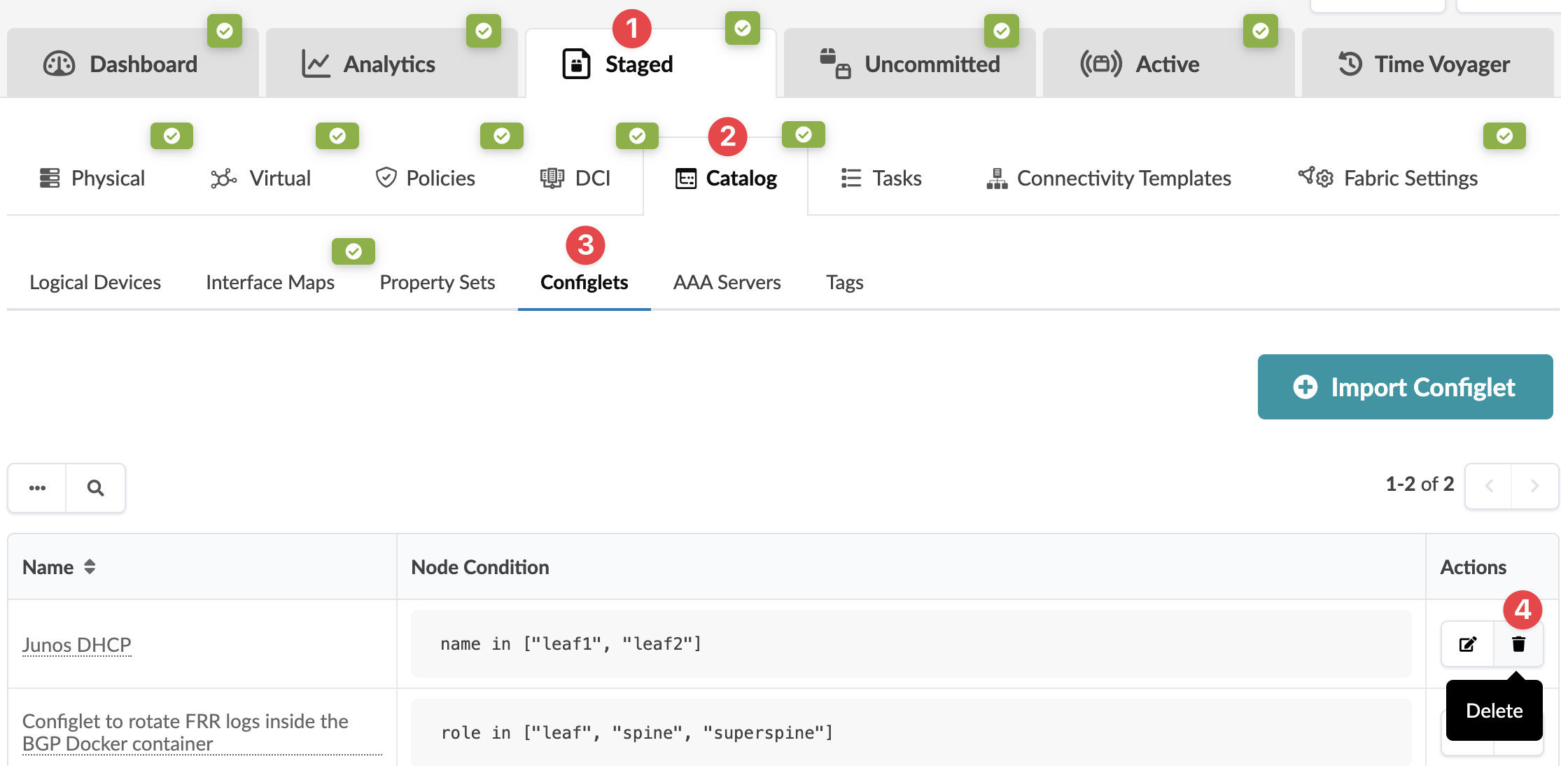 Network management interface with Staged tab and Catalog subsection open. Configlets list shows Junos DHCP for leaf1 and leaf2 nodes; another configlet for leaf, spine, and superspine nodes. Delete button highlighted for one configlet. Import Configlet button available.