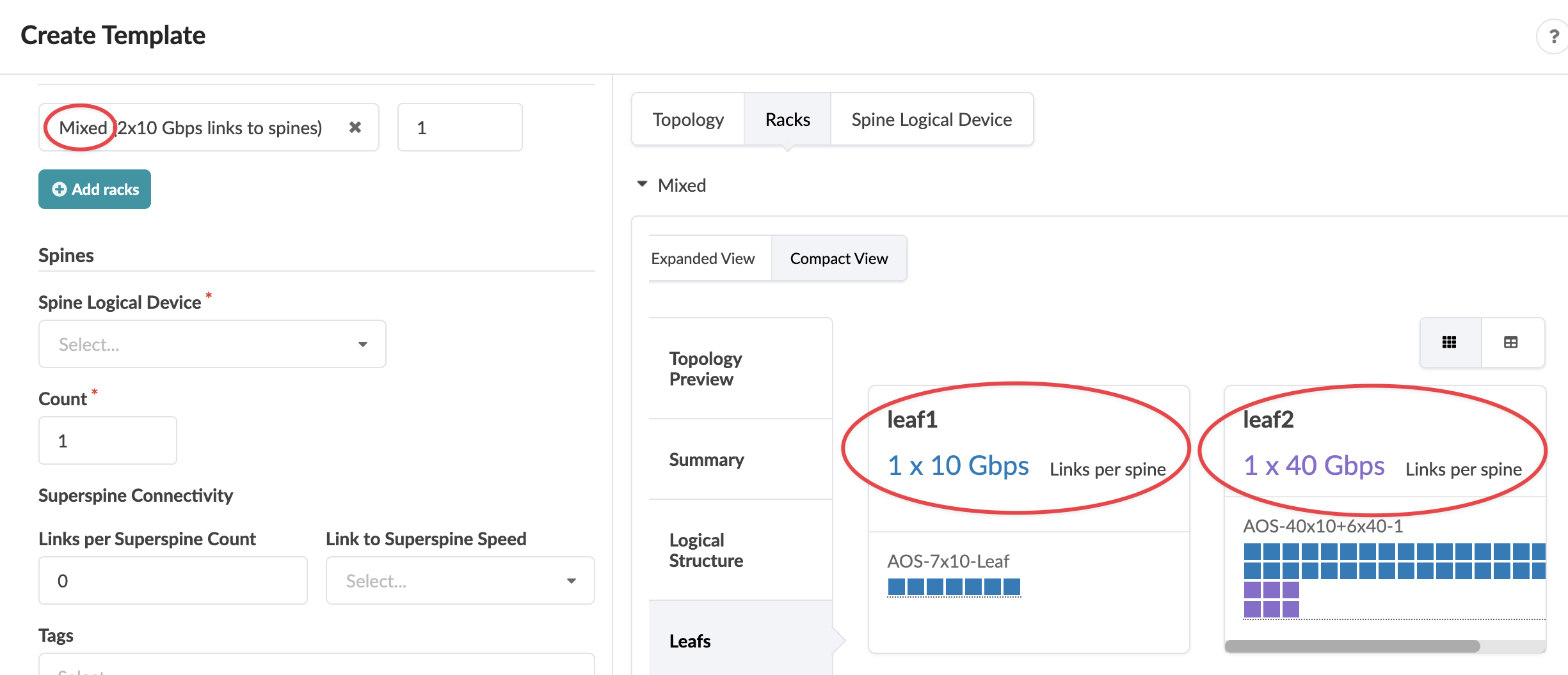 Network configuration interface for creating a template with mixed 2x10 Gbps links to spines. Includes options for spine logical device selection, count, superspine connectivity, and topology preview showing leaf1 with 1 x 10 Gbps links per spine and leaf2 with 1 x 40 Gbps links per spine.