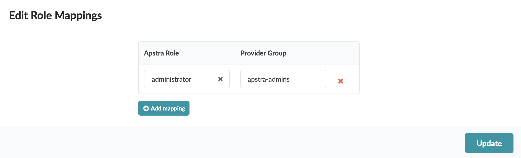 Edit Role Mappings interface with a table showing Apstra Role and Provider Group columns, a row mapping administrator to apstra-admins, an X button to remove entries, a teal Add mapping button, and a teal Update button to save changes.