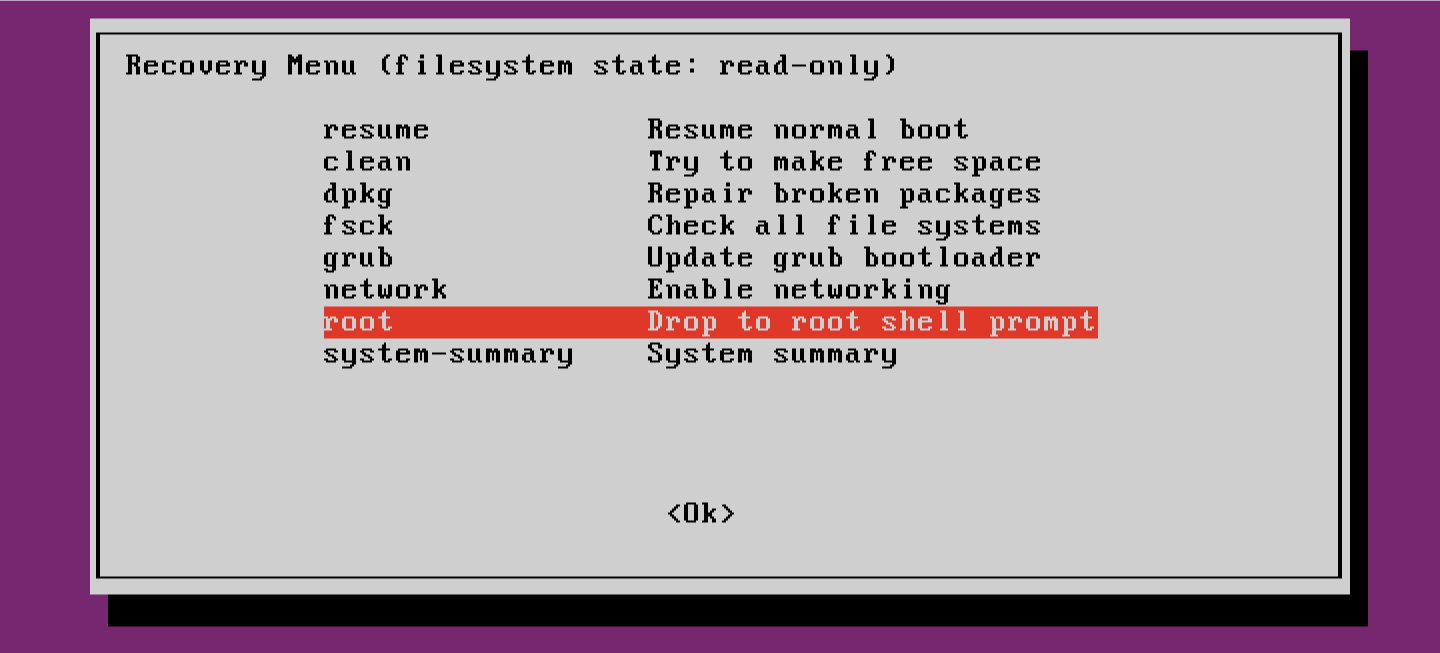Linux recovery menu with options: resume, clean, dpkg, fsck, grub, network, root, system-summary. Root is highlighted for troubleshooting.