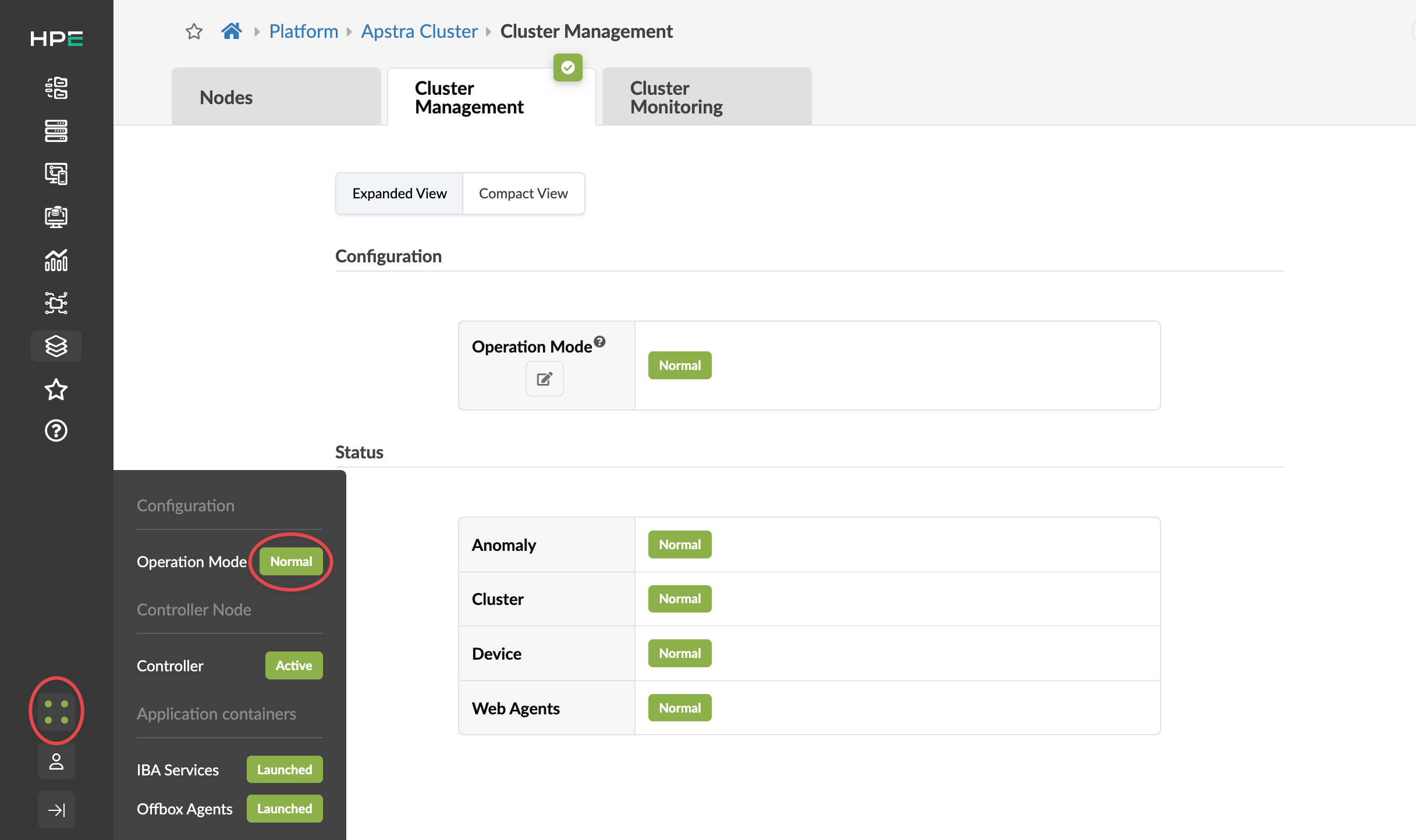 Screenshot of Apstra Cluster management interface showing Cluster Management tab selected. Operation Mode and all status components including Anomaly, Cluster, Device, and Web Agents are Normal. Controller Node is Active. Application Containers: IBA Services and Offbox Agents are Launched.