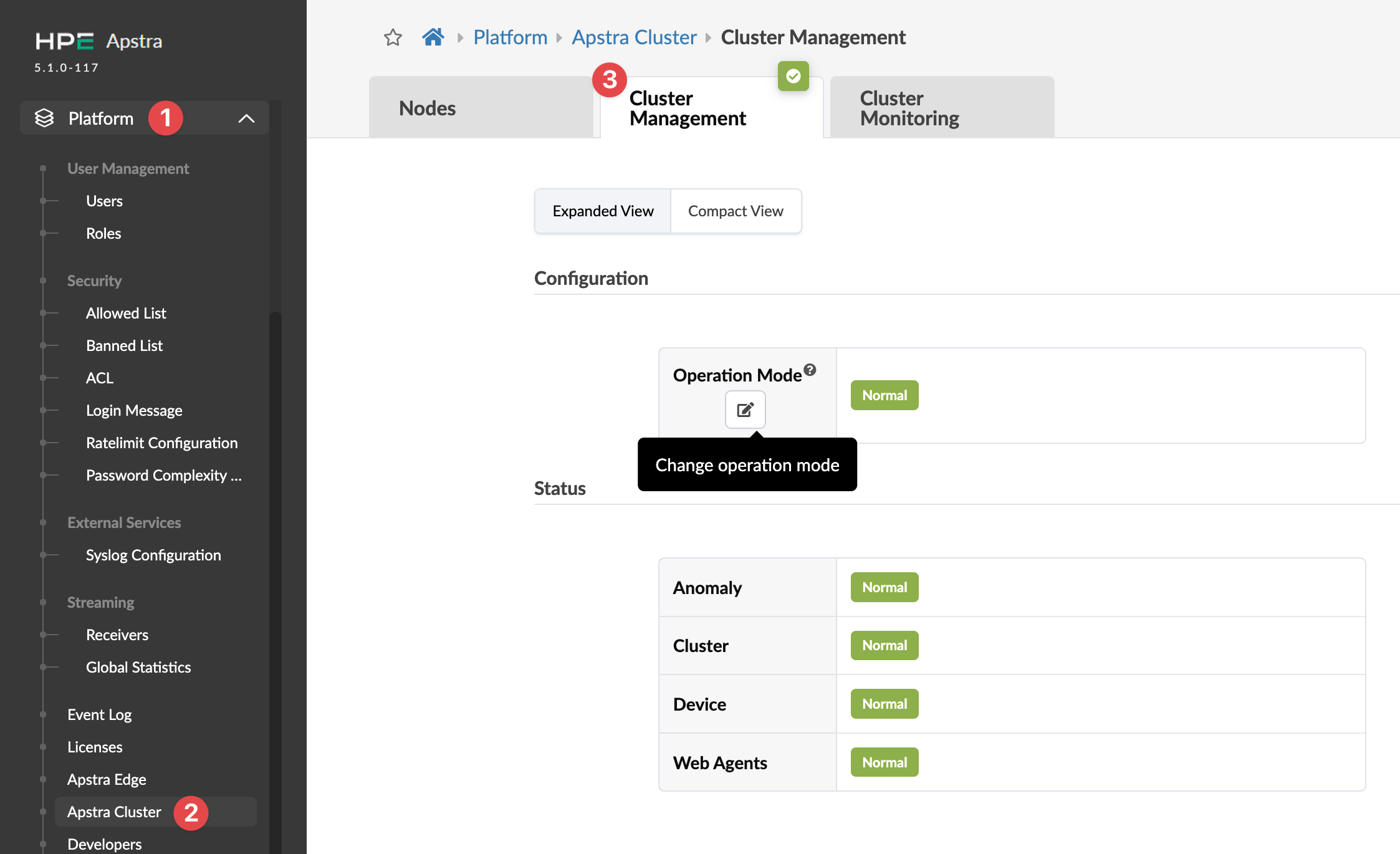 Juniper Apstra platform interface showing Cluster Management section with normal operation mode and component statuses: Anomaly, Cluster, Device, Web Agents.
