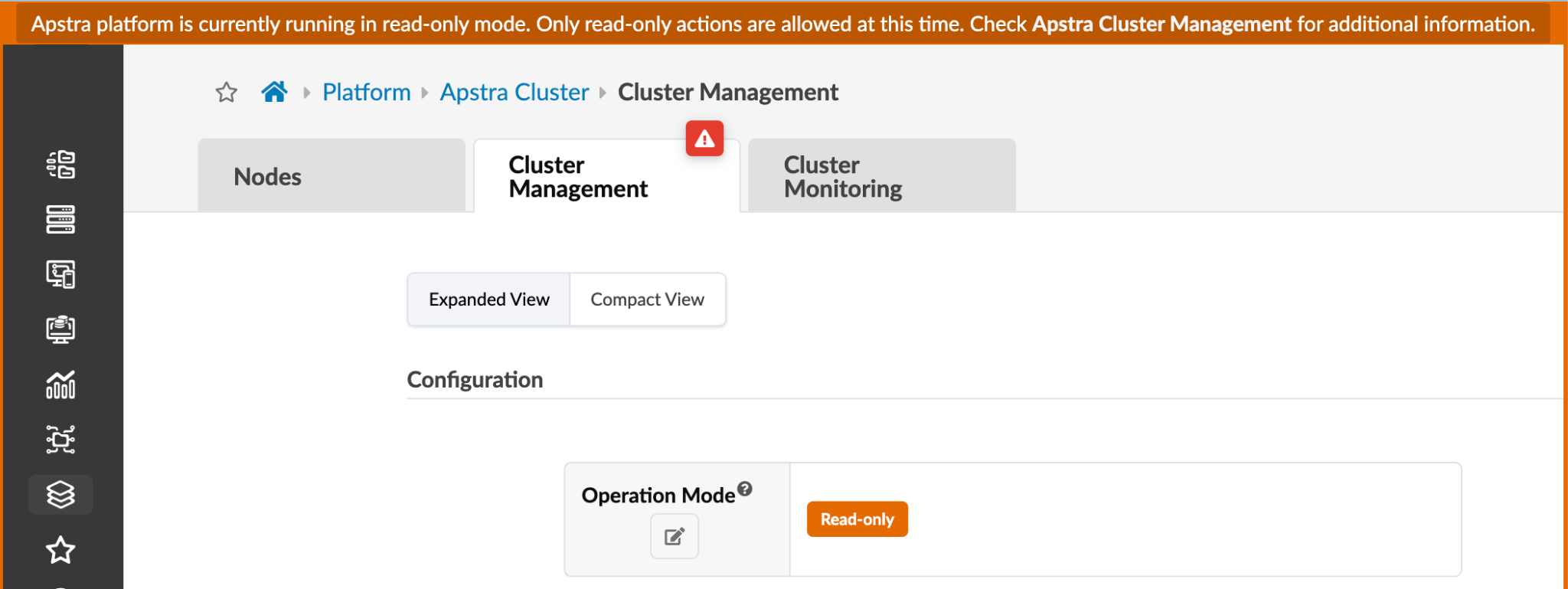 Apstra platform interface displaying Cluster Management section in read-only mode with navigation tabs, configuration options, and sidebar icons.