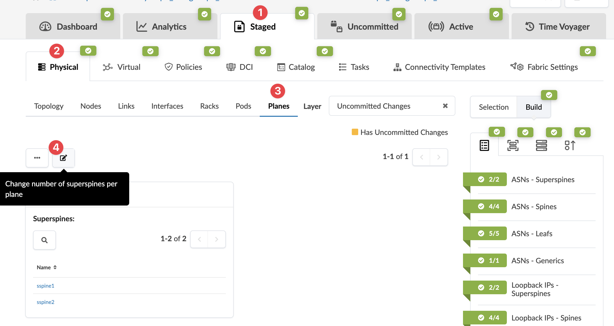 Network management tool interface showing configuration tabs for Physical and Planes. Includes options for changing superspine devices and notes uncommitted changes.