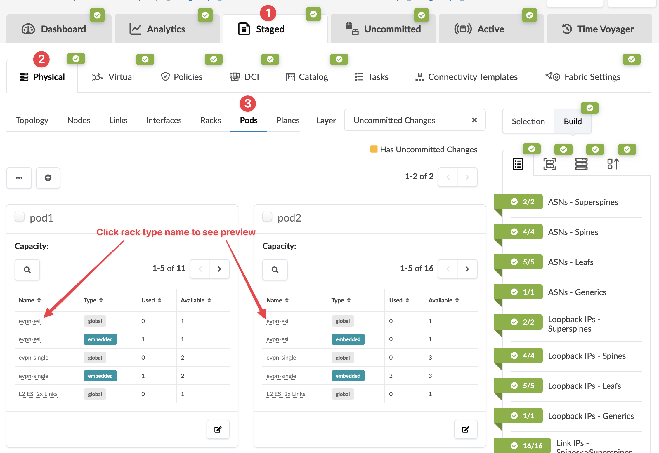 Network management interface showing Staged section with Physical tab and Pods sub-tab active. Displays pod1 and pod2 with rack types and capacities. Right section shows status of network components like ASNs Superspines with checkmarks.