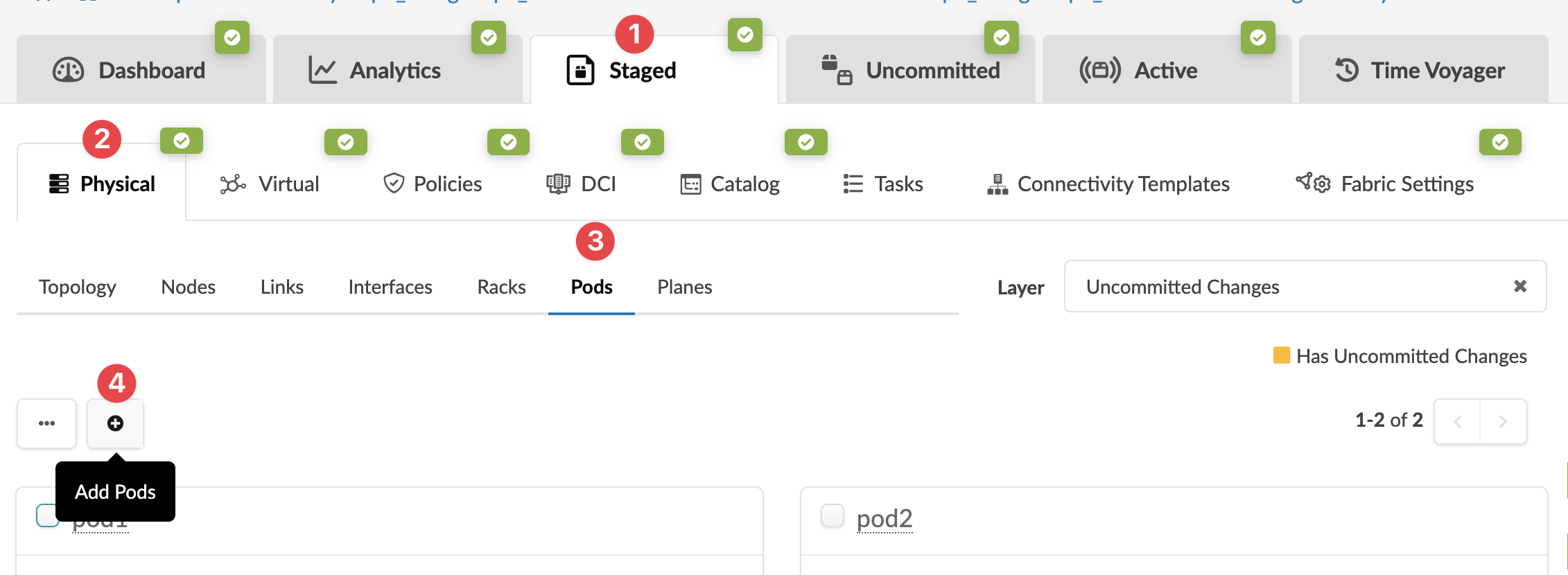 User interface of network management software showing tabs for Dashboard, Analytics, Staged, Uncommitted, Active, and Time Voyager. Focus on Pods tab under Physical section with options for Topology, Nodes, Links, Interfaces, Racks, Pods, and Planes. Add Pods button available. Pods list displays pod1 and pod2 with checkboxes. Layer filter set to Uncommitted Changes.