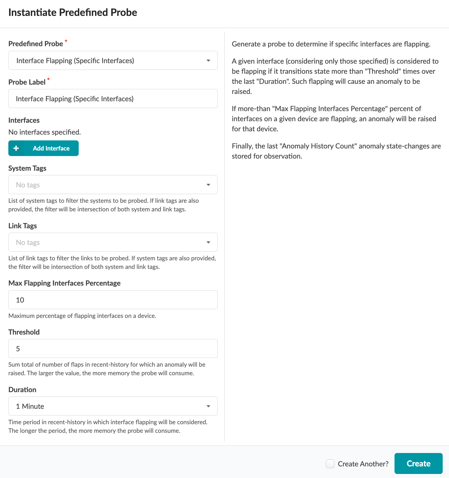 User interface for configuring a predefined probe to monitor interface flapping issues. Includes options to set parameters like interfaces, system tags, max flapping percentage, threshold, duration, and description panel with a create button to finalize.