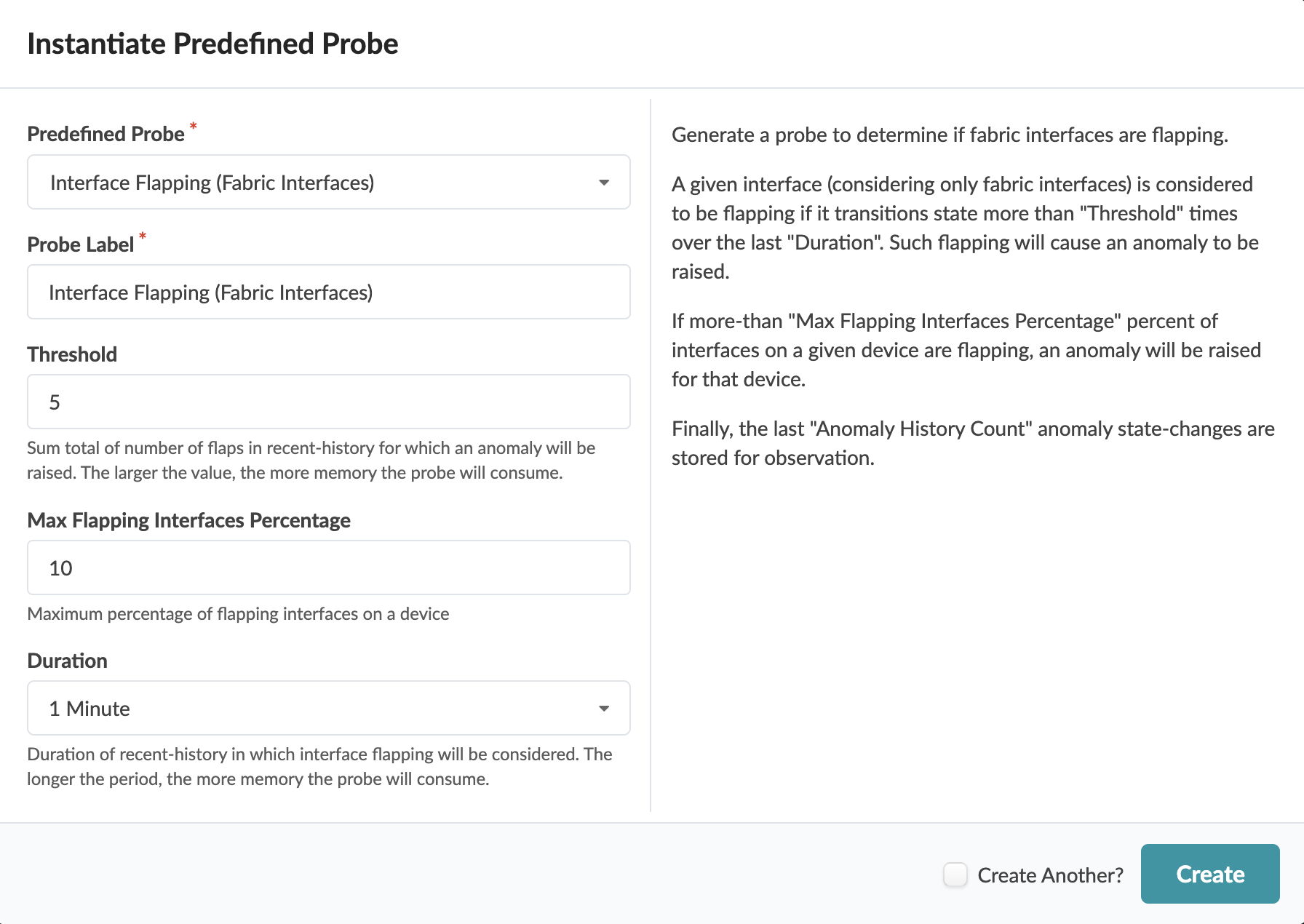 Configuration interface for setting a probe to monitor fabric interfaces for flapping. Probe type: Interface Flapping Fabric Interfaces. Threshold: 5 state transitions. Max Flapping Interfaces Percentage: 10. Duration: 1 Minute. Description explains detection and anomaly conditions. Create button finalizes probe setup.
