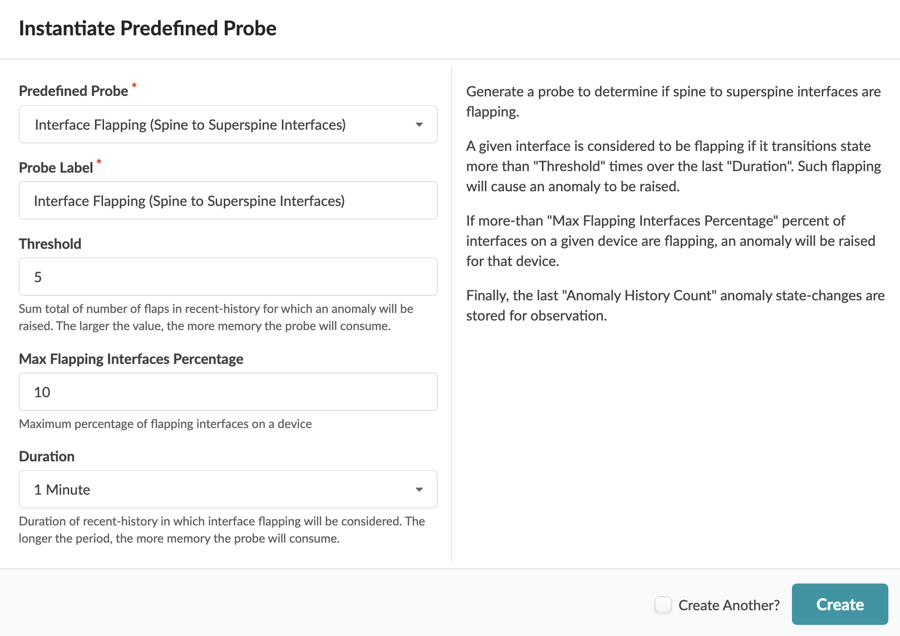 Configuration interface for setting up a probe to detect interface flapping between spine and superspine devices. Threshold set to 5 flaps, max flapping interfaces at 10 percent, duration 1 minute. Create button finalizes setup.