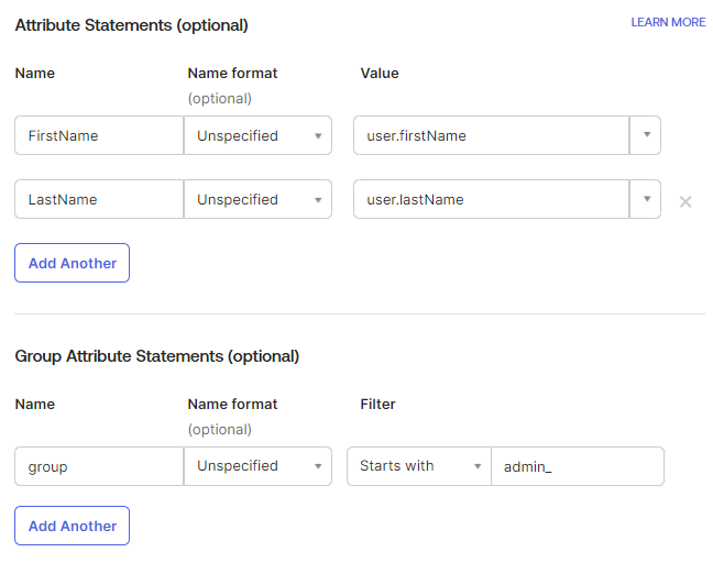 Configuration interface for setting up Attribute Statements and Group Attribute Statements for identity management. Two attributes: FirstName mapped to user.firstName, LastName to user.lastName. One group attribute: group with filter for admin_ prefix. Includes Add Another option and Learn More link.
