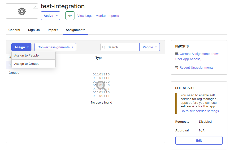 User interface for managing assignments with options to assign tasks, search, and view reports. Tabs include General, Sign On, Import, Assignments. Status is Active.