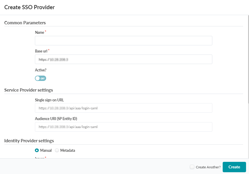 User interface for creating an SSO provider with fields for Name, Base URL, Single sign-on URL, Audience URI, and Issuer. Options to set Active status, configure manually or via metadata, and buttons for Create and Create Another.
