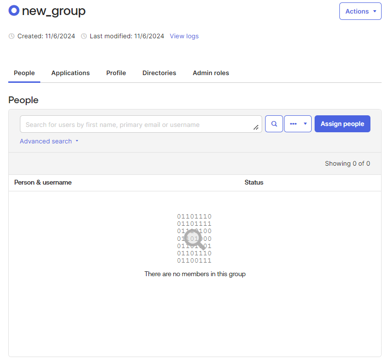 User management interface for new_group with selected People tab showing no members and a search bar. Binary code appears in Person & username section.